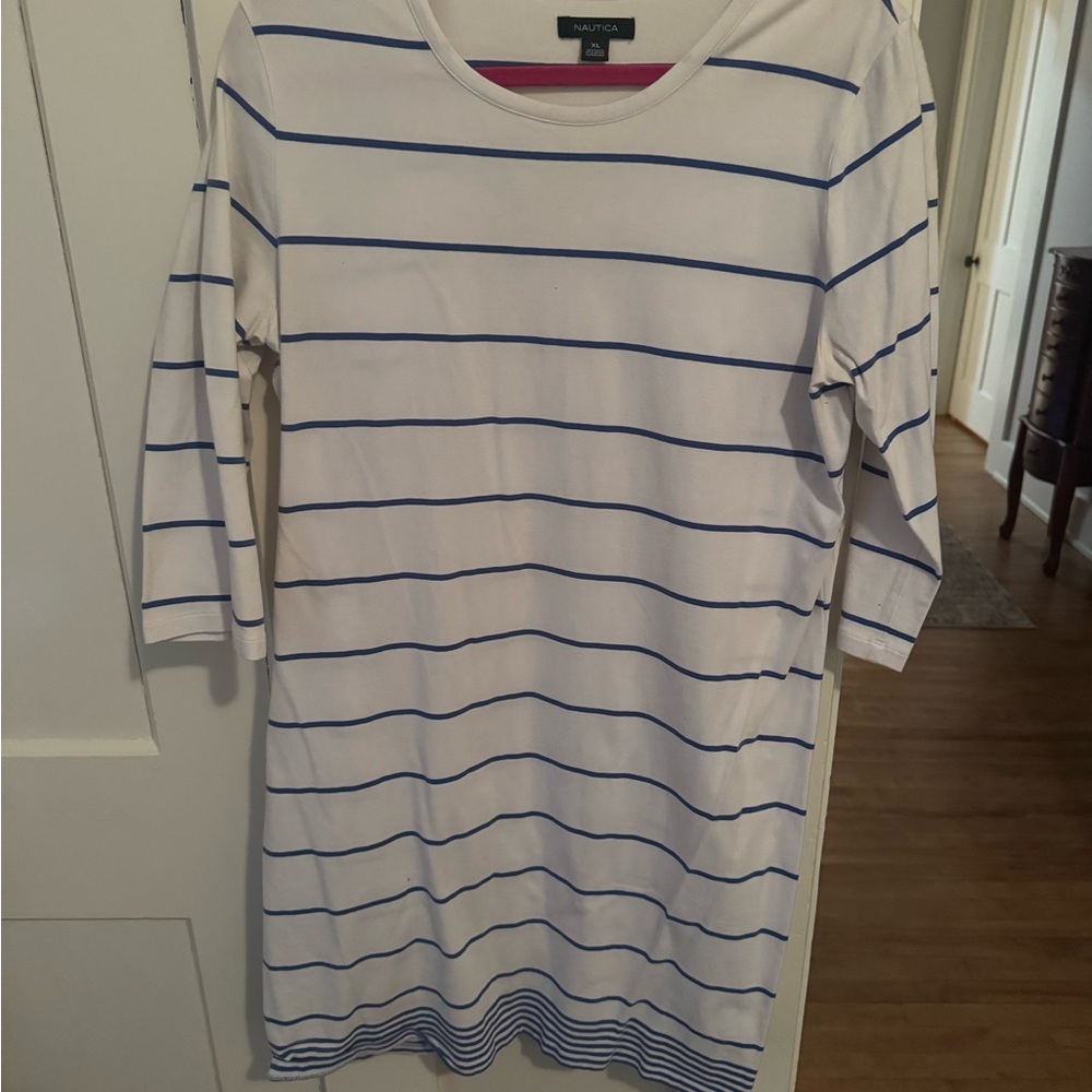 Nautica Long Sleeve Coastal Stripe Dress - Navy and White